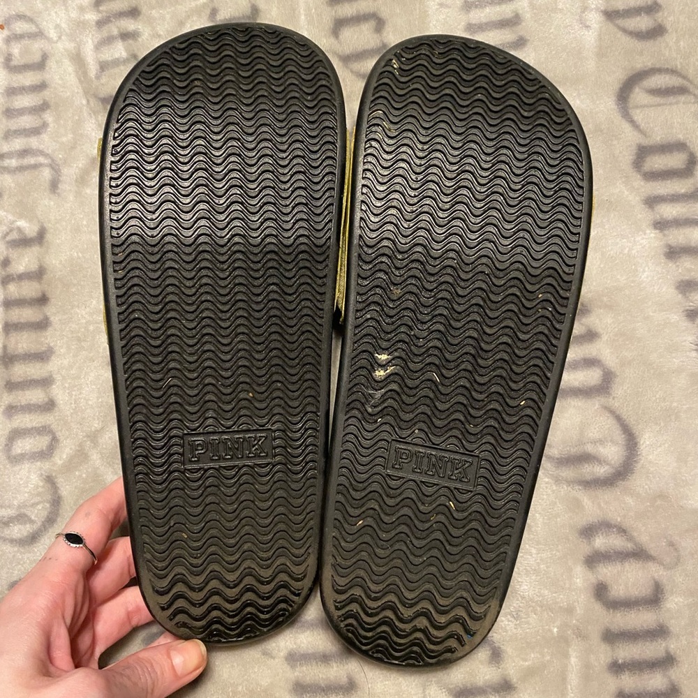 Olive green pink brand slides